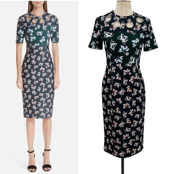 Yigal Azrouel Scuba Sheath Dress Floral Print Grommet Neckline Blue Size US 8 - Picture 1 of 16